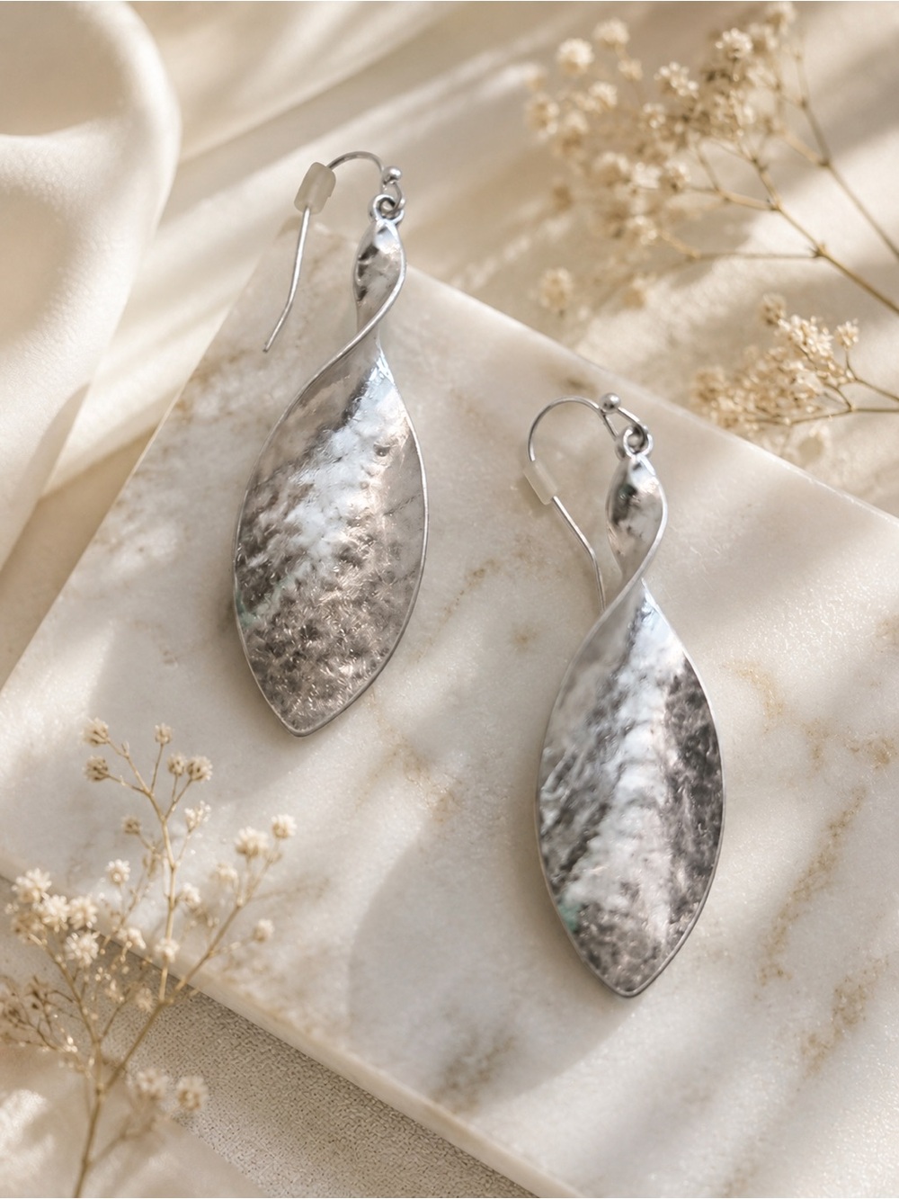 Silver Hammered Leaf Drop Earrings - Women Jewelry